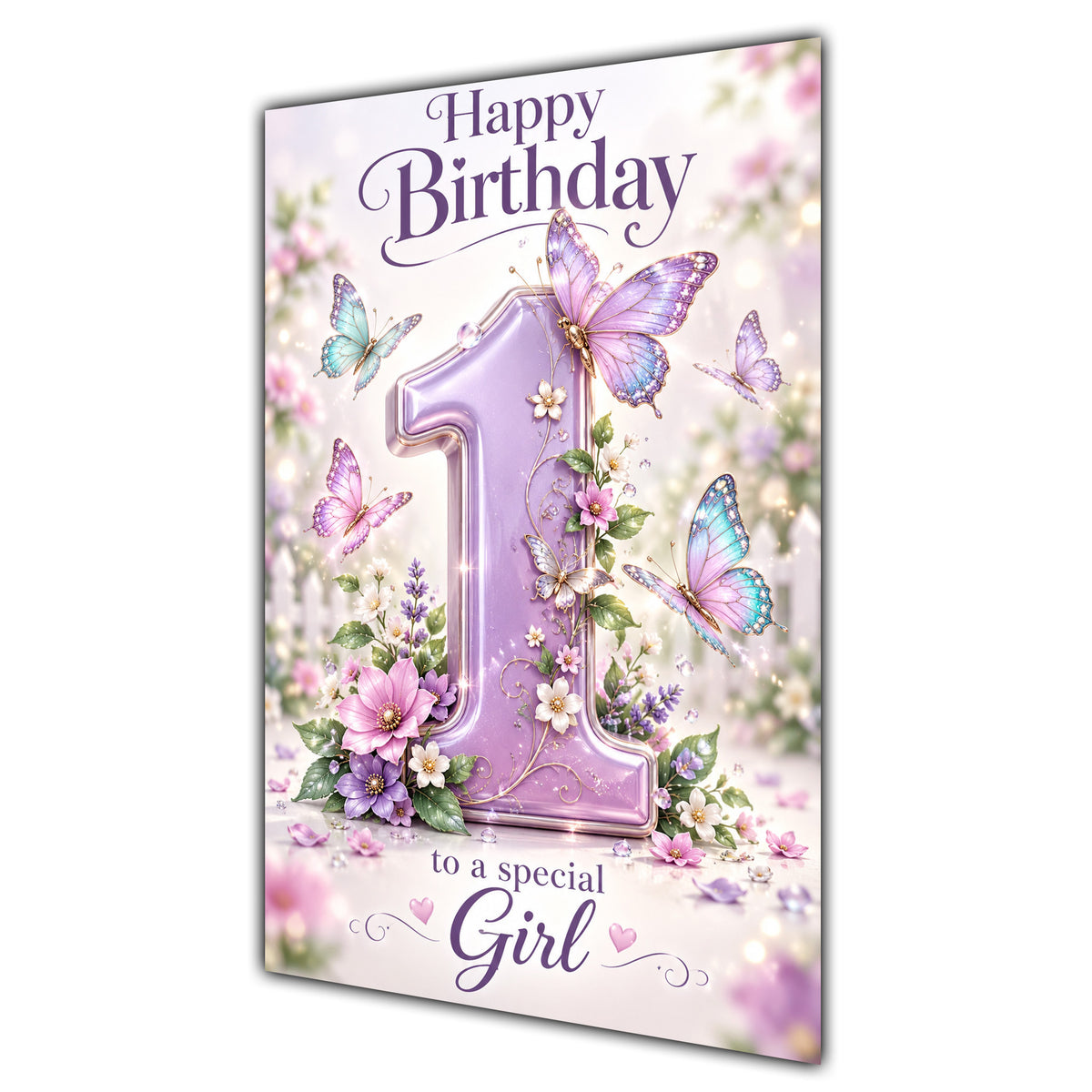 Happy 1st Birthday Special Girl Lilac Floral Butterflies Card A5