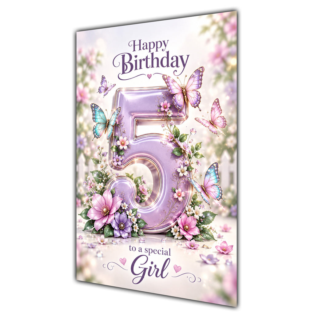 Happy 5th Birthday Special Girl Lilac Floral Butterflies Card A5