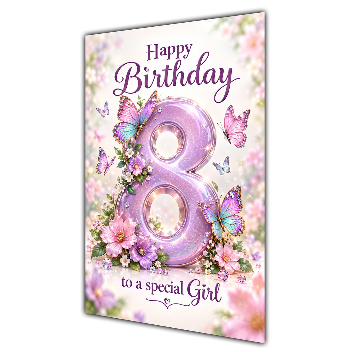 Happy 8th Birthday Special Girl Lilac Floral Butterflies Card A5