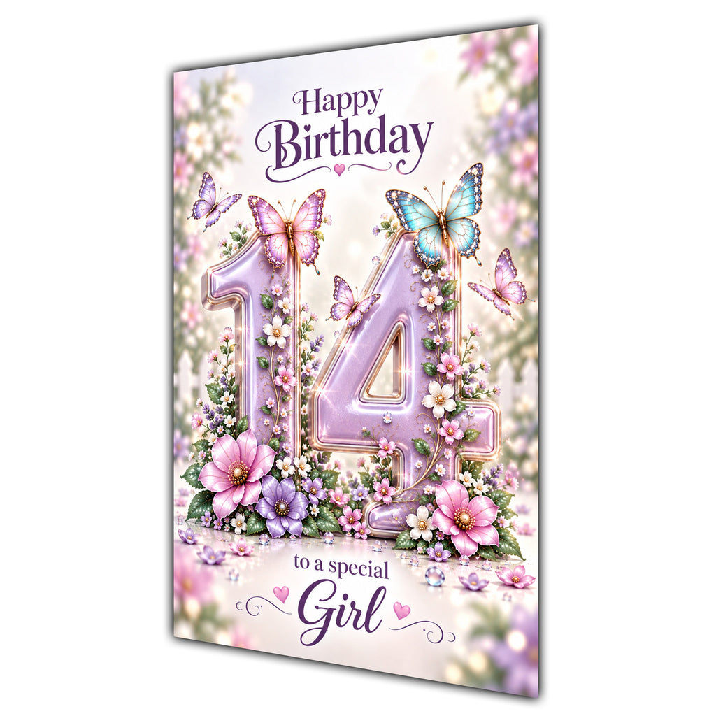 Happy 14th Birthday Special Girl Lilac Floral Butterflies Card A5
