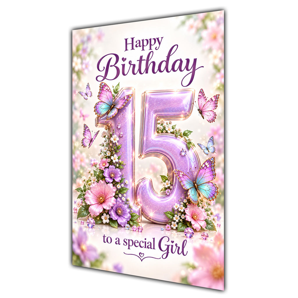 Happy 15th Birthday Special Girl Lilac Floral Butterflies Card A5