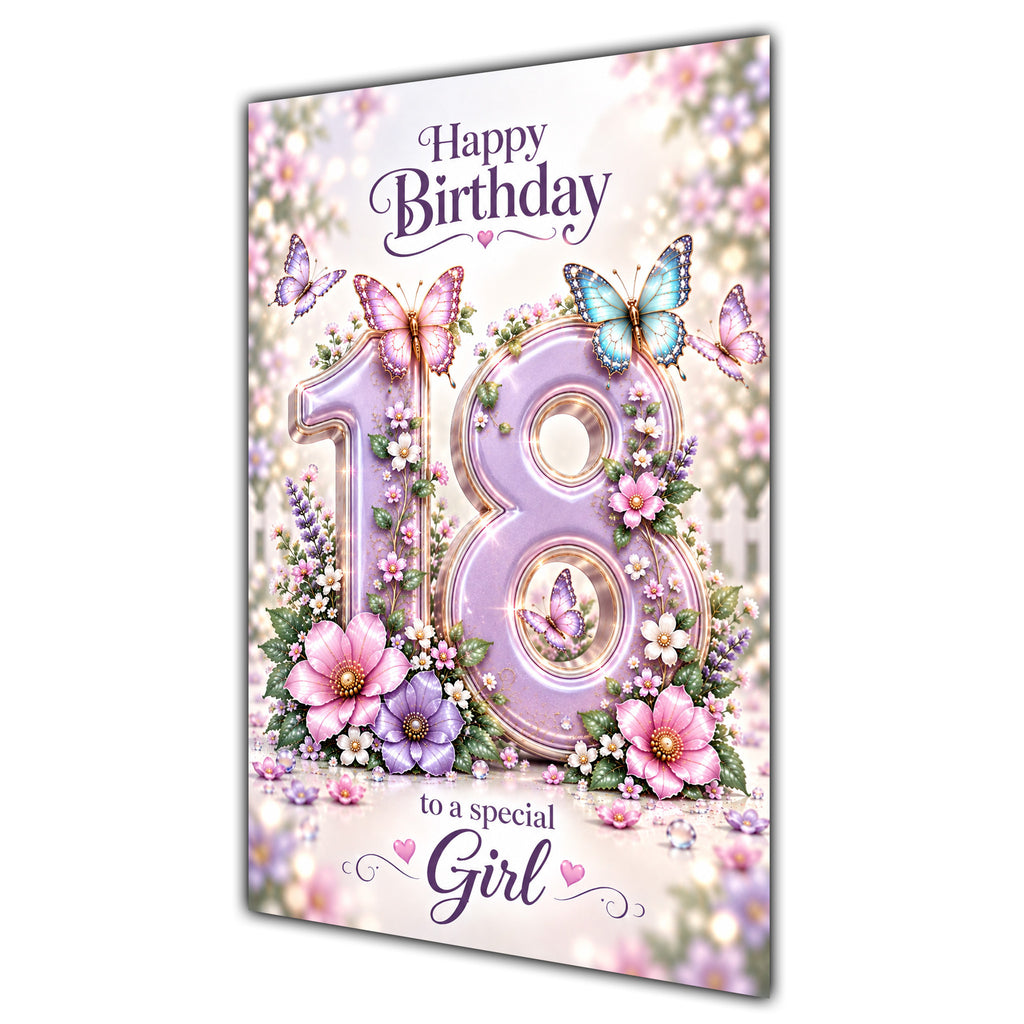 Happy 18th Birthday Special Girl Lilac Floral Butterflies Card A5