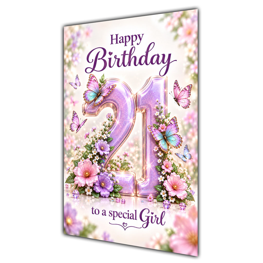 Happy 21st Birthday Special Girl Lilac Floral Butterflies Card A5