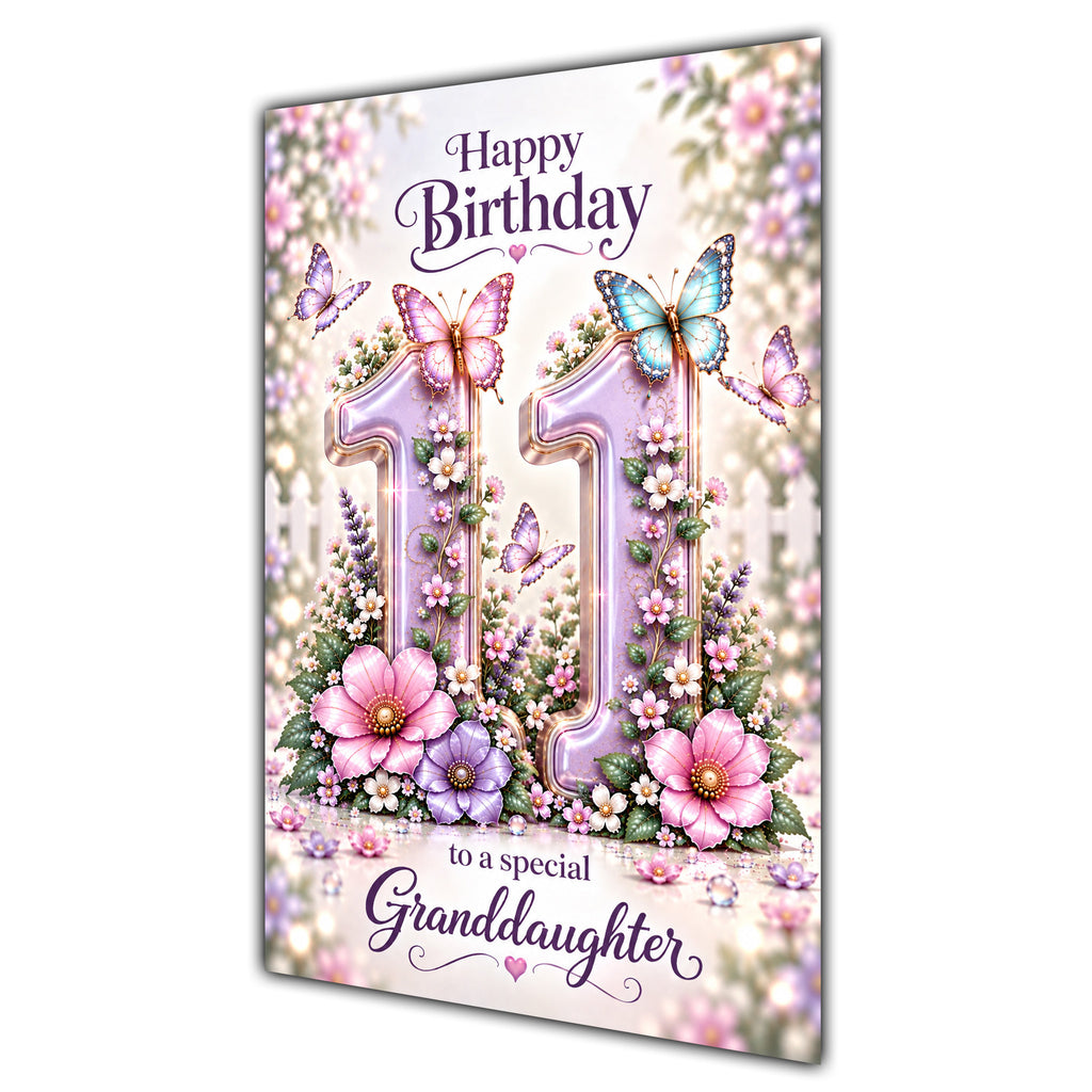 Happy 11th Birthday Granddaughter Lilac Floral Butterflies Card A5