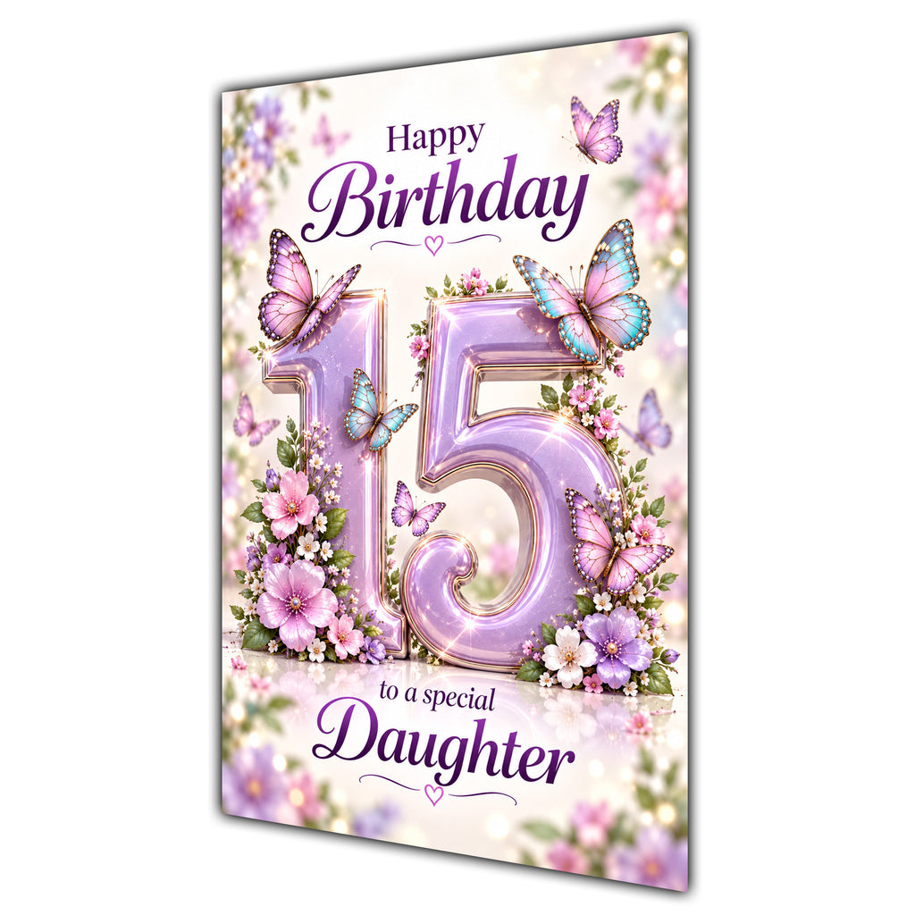 Happy 15th Birthday Daughter Lilac Floral Butterflies Card A5