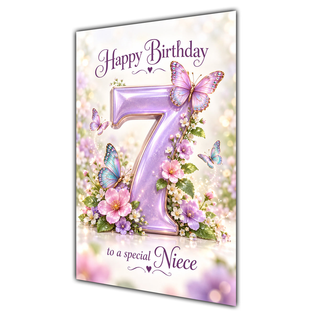 Happy 7th Birthday Niece Lilac Floral Butterflies Card A5