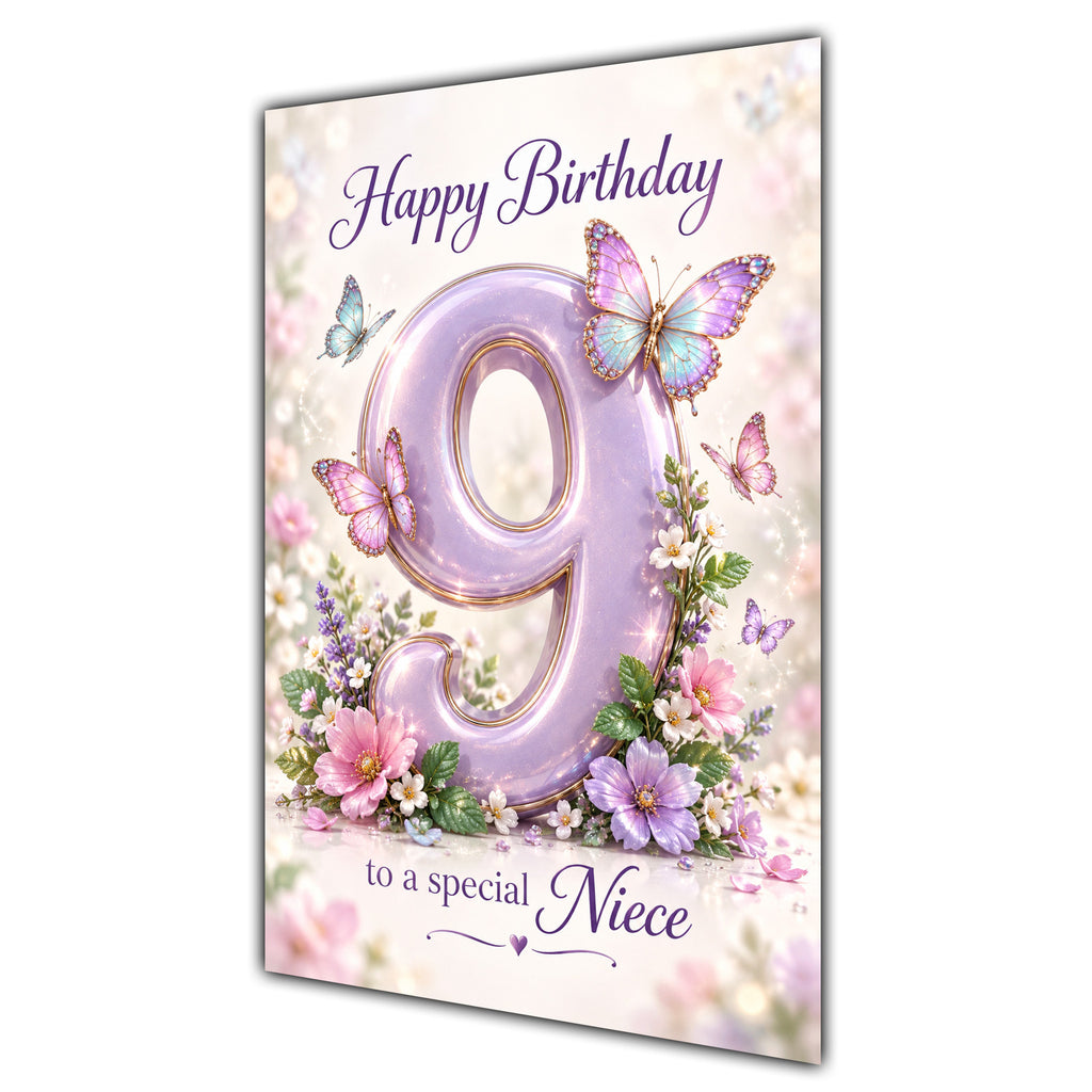 Happy 9th Birthday Niece Lilac Floral Butterflies Card A5