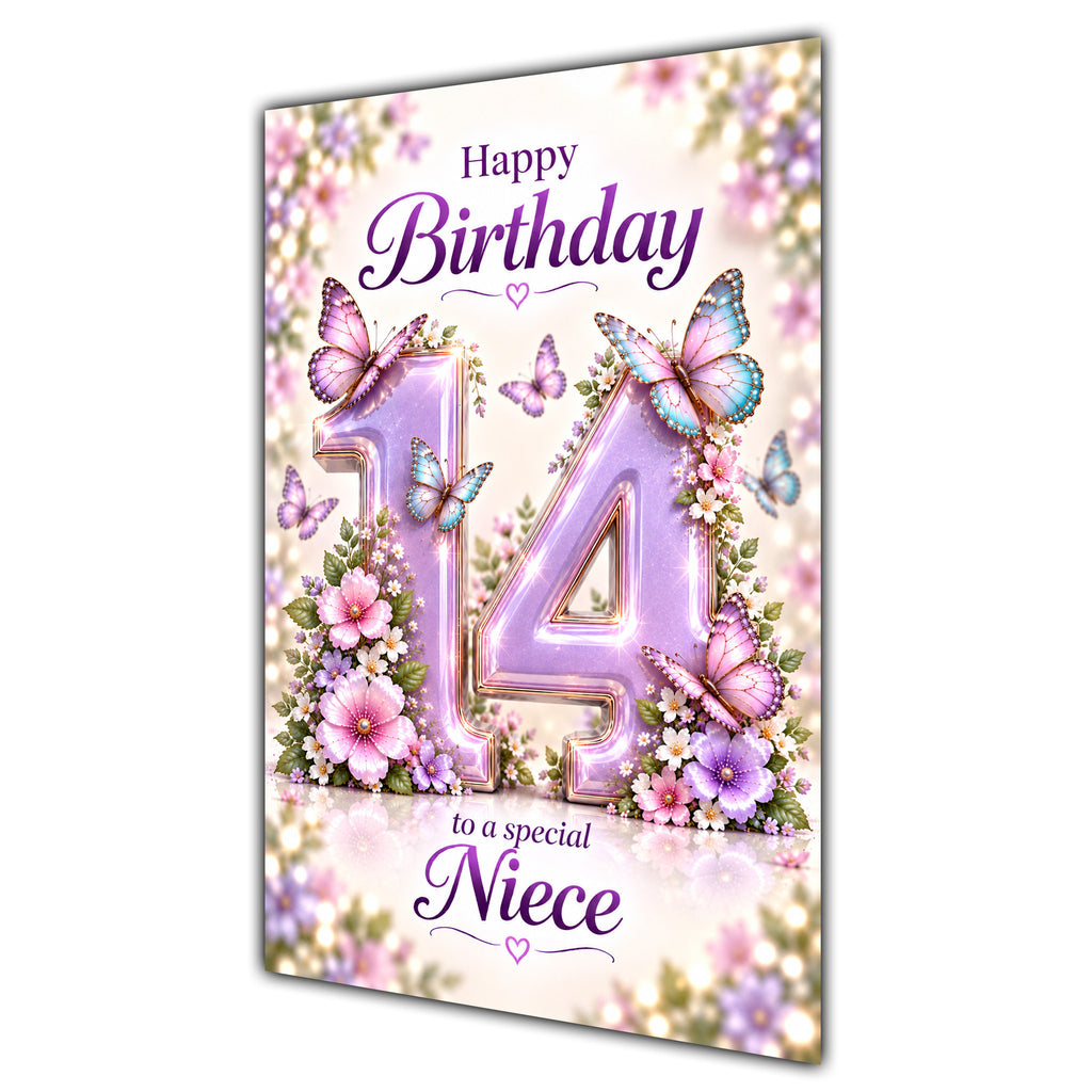 Happy 14th Birthday Niece Lilac Floral Butterflies Card A5