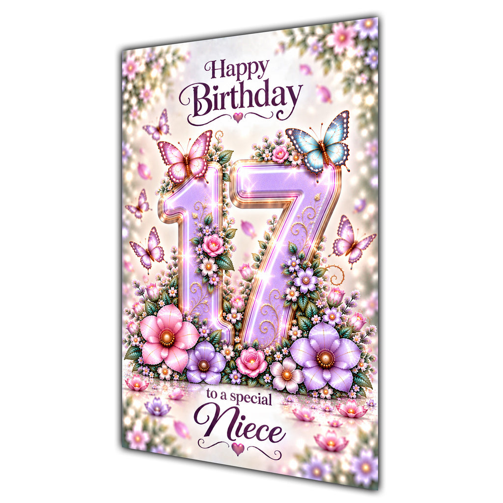 Happy 17th Birthday Niece Lilac Floral Butterflies Card A5