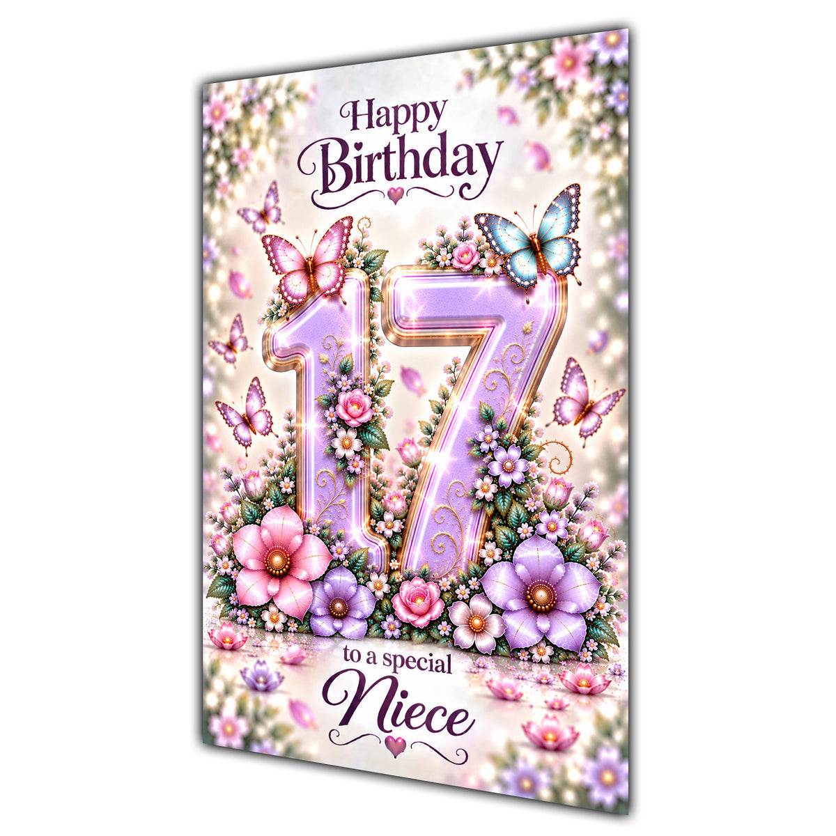 Happy 17th Birthday Niece Lilac Floral Butterflies Card A5