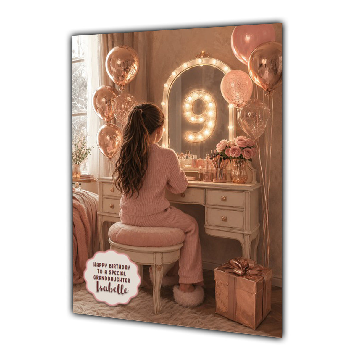 9th Birthday Card For Girls, Daughter, Granddaughter, Niece, Brown Hair, Dressing Table