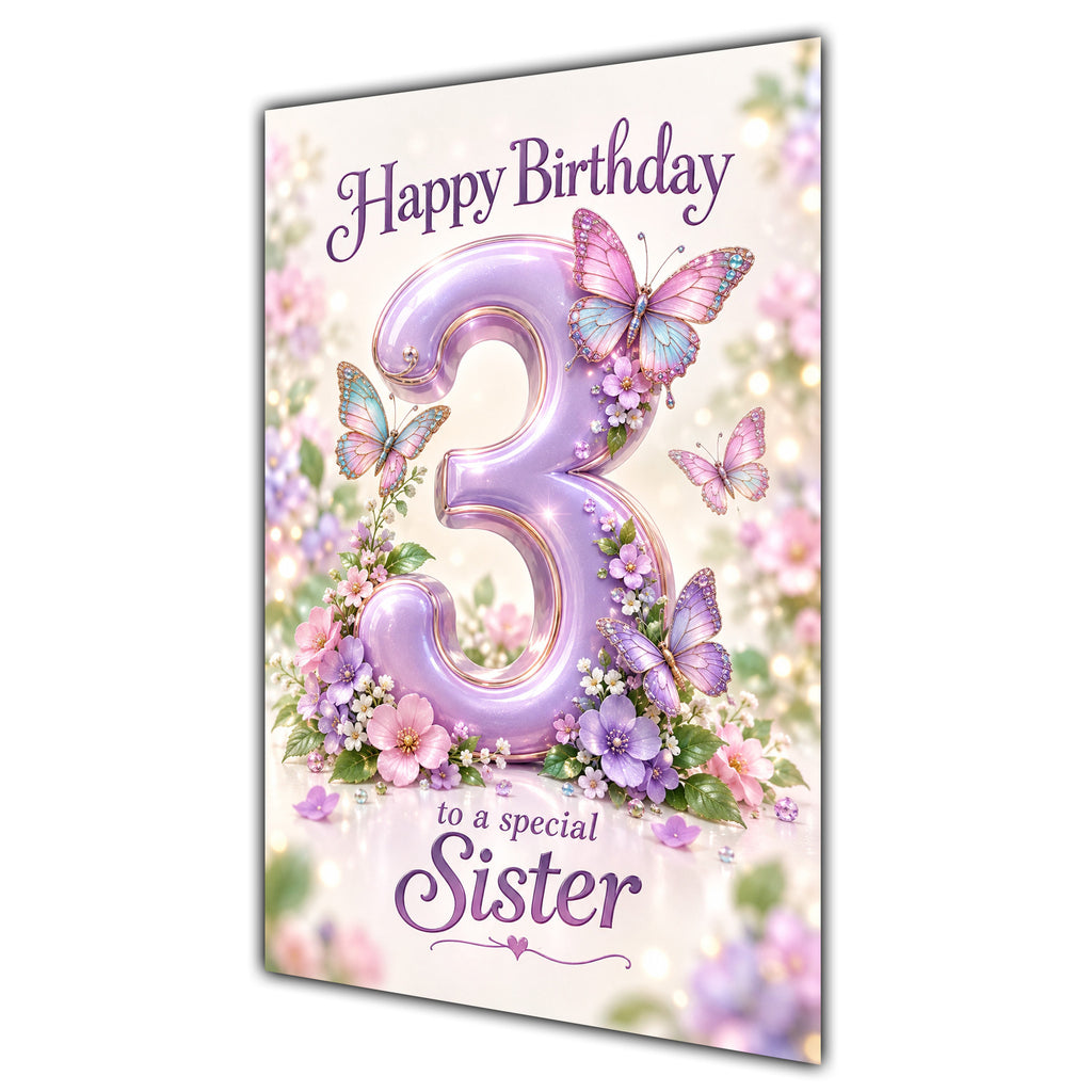 Happy 3rd Birthday Sister Lilac Floral Butterflies Card A5