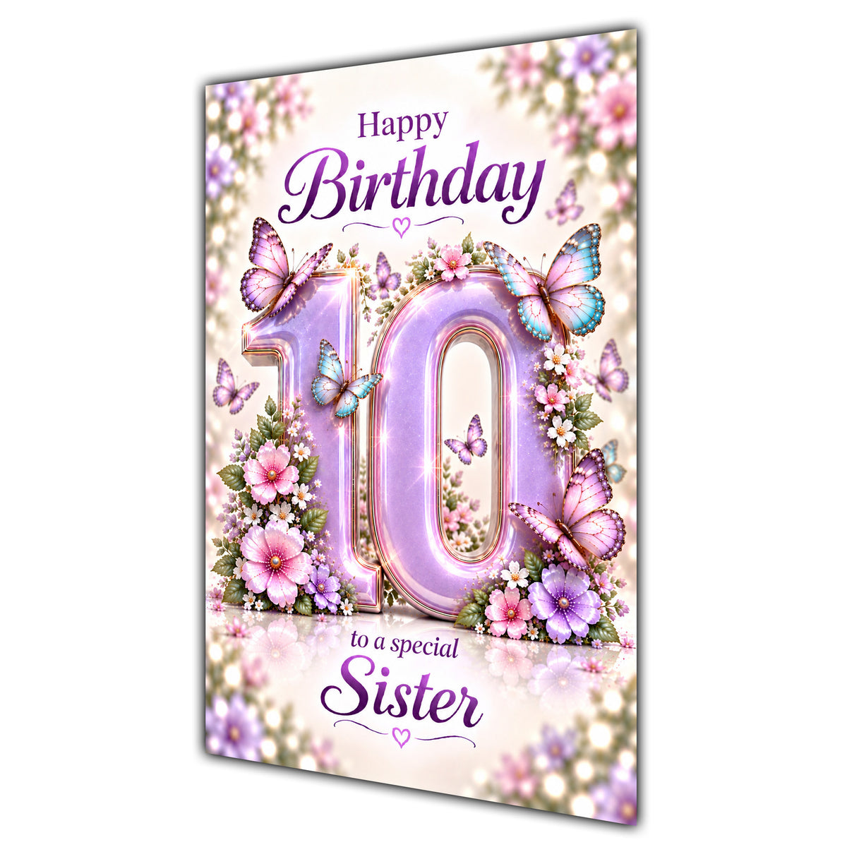 Happy 10th Birthday Sister Lilac Floral Butterflies Card A5