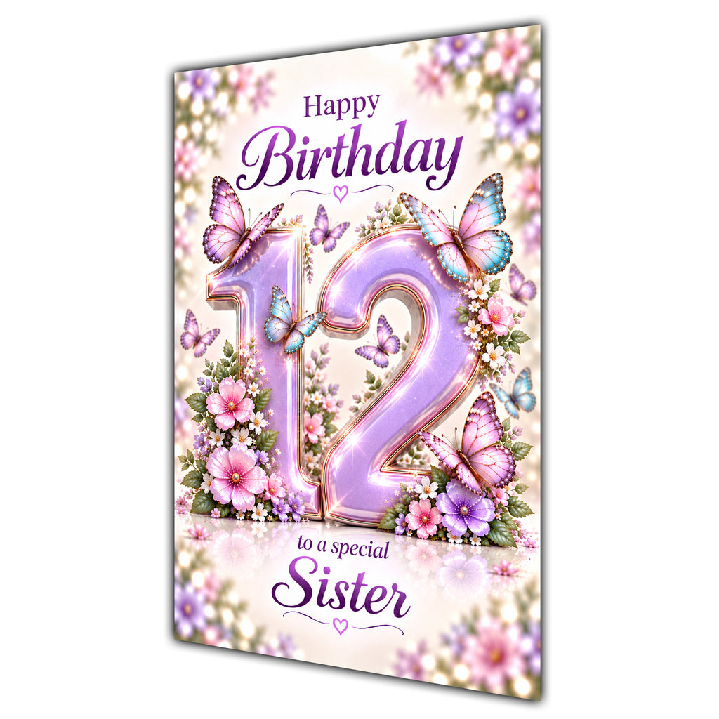 Happy 12th Birthday Sister Lilac Floral Butterflies Card A5