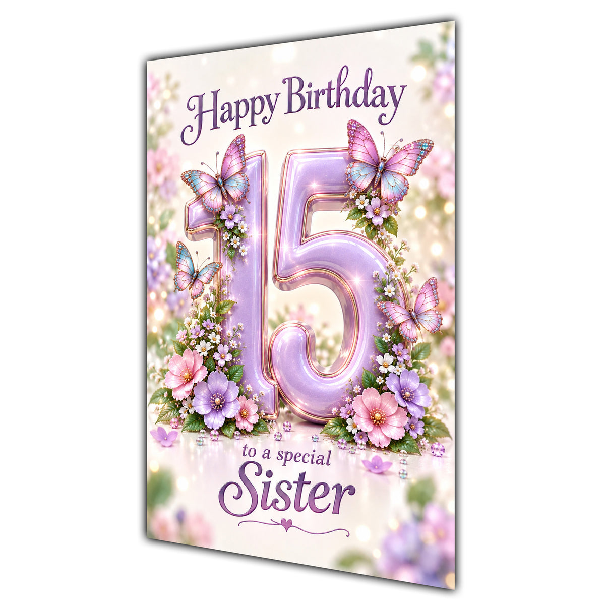 Happy 15th Birthday Sister Lilac Floral Butterflies Card A5