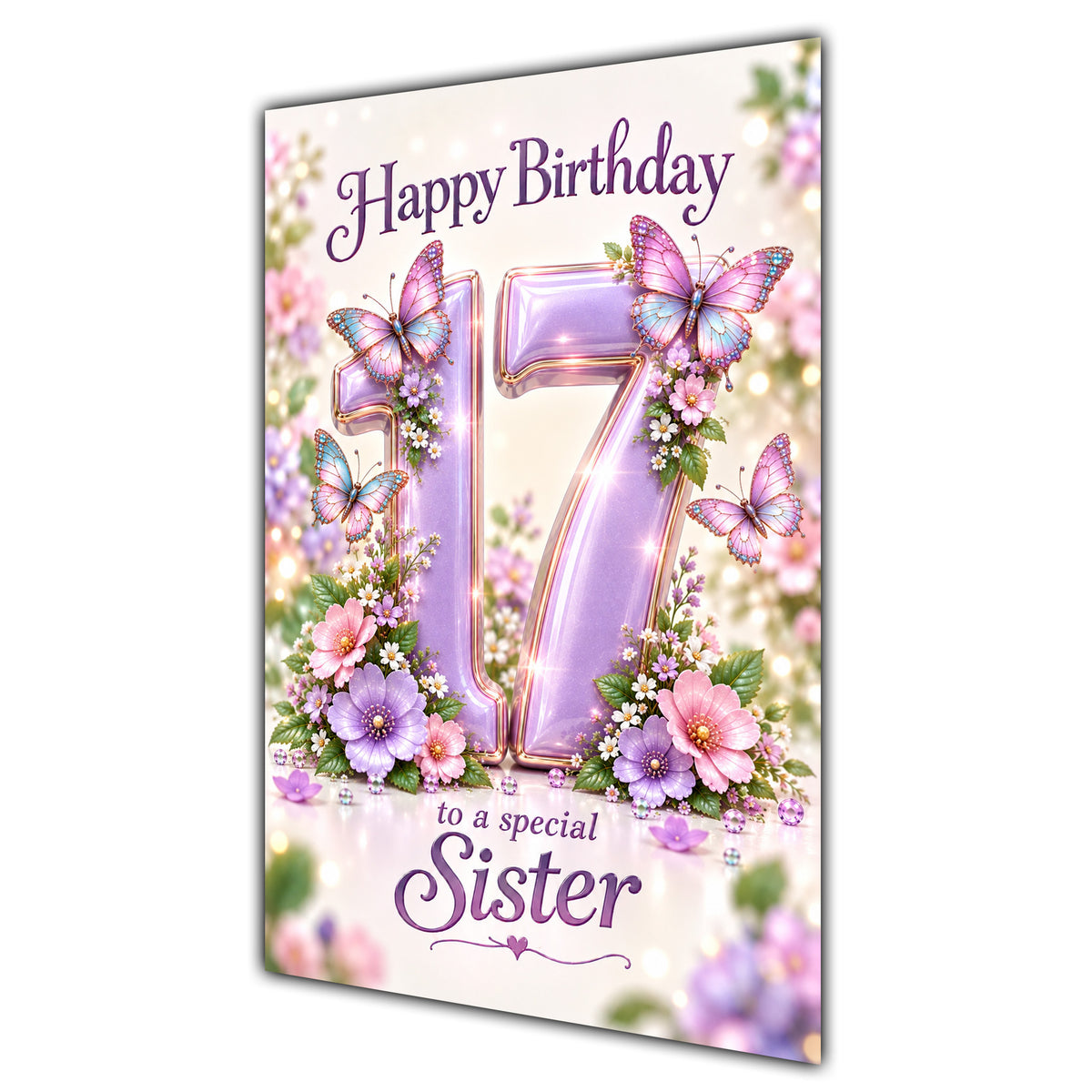Happy 17th Birthday Sister Lilac Floral Butterflies Card A5