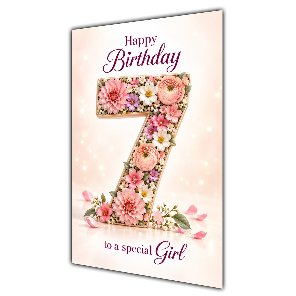 Happy 7th Birthday Special Girl Floral Number Card A5