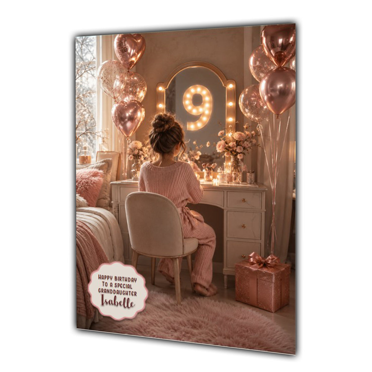 9th Birthday Card For Girls, Daughter, Granddaughter, Niece, Brown Hair, Dressing Table