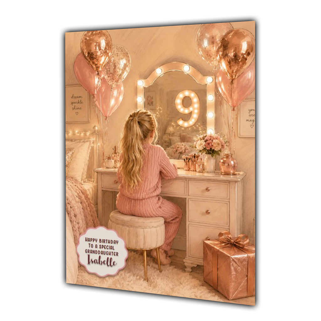 9th Birthday Card For Girls, Daughter, Granddaughter, Niece, Blonde Hair, Dressing Table