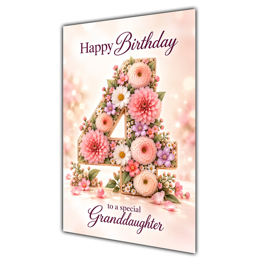 Happy 4th Birthday Granddaughter Floral Number Card A5