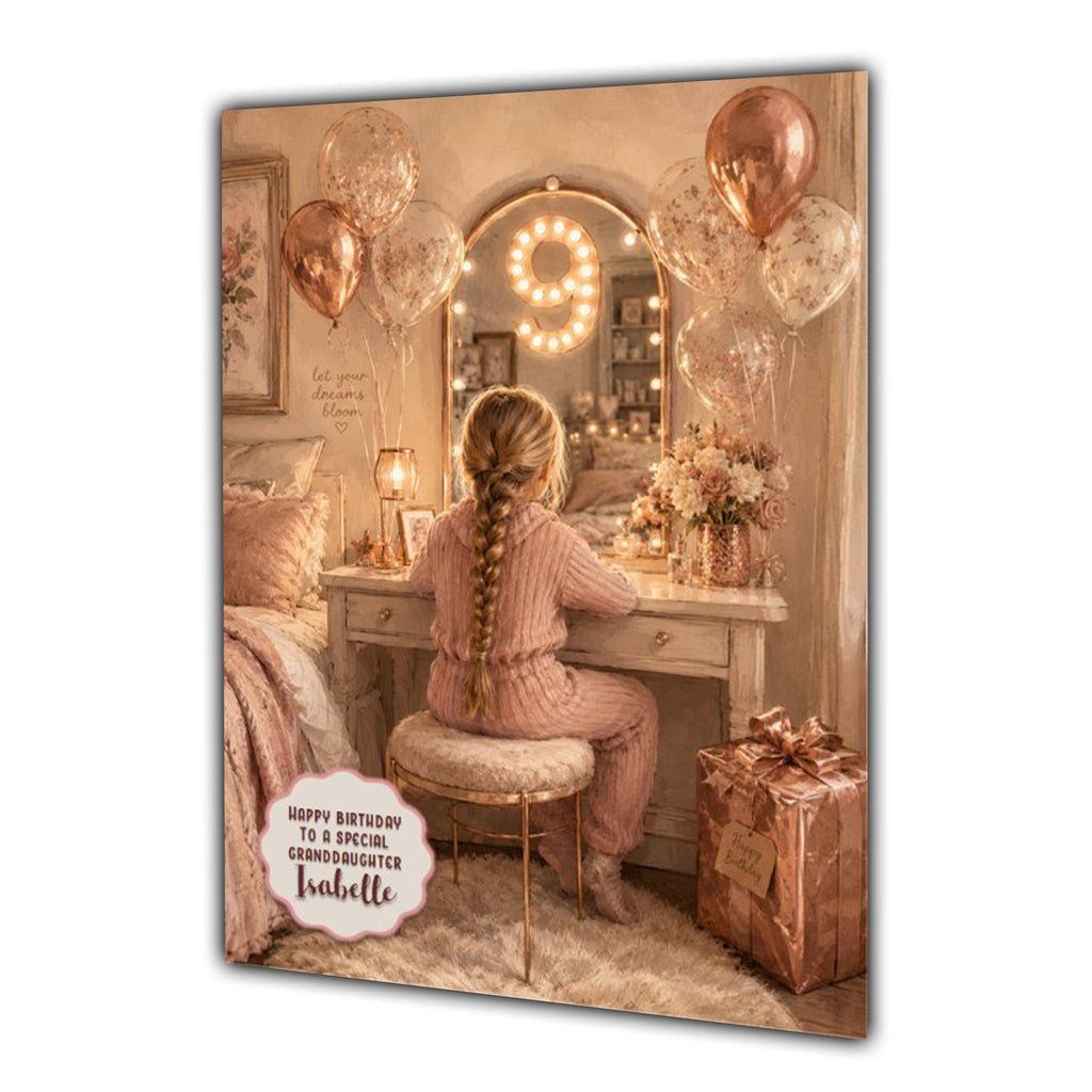 9th Birthday Card For Girls, Daughter, Granddaughter, Niece, Blonde Hair, Dressing Table