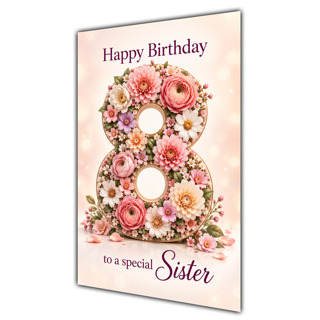 Happy 8th Birthday Sister Floral Number Card A5