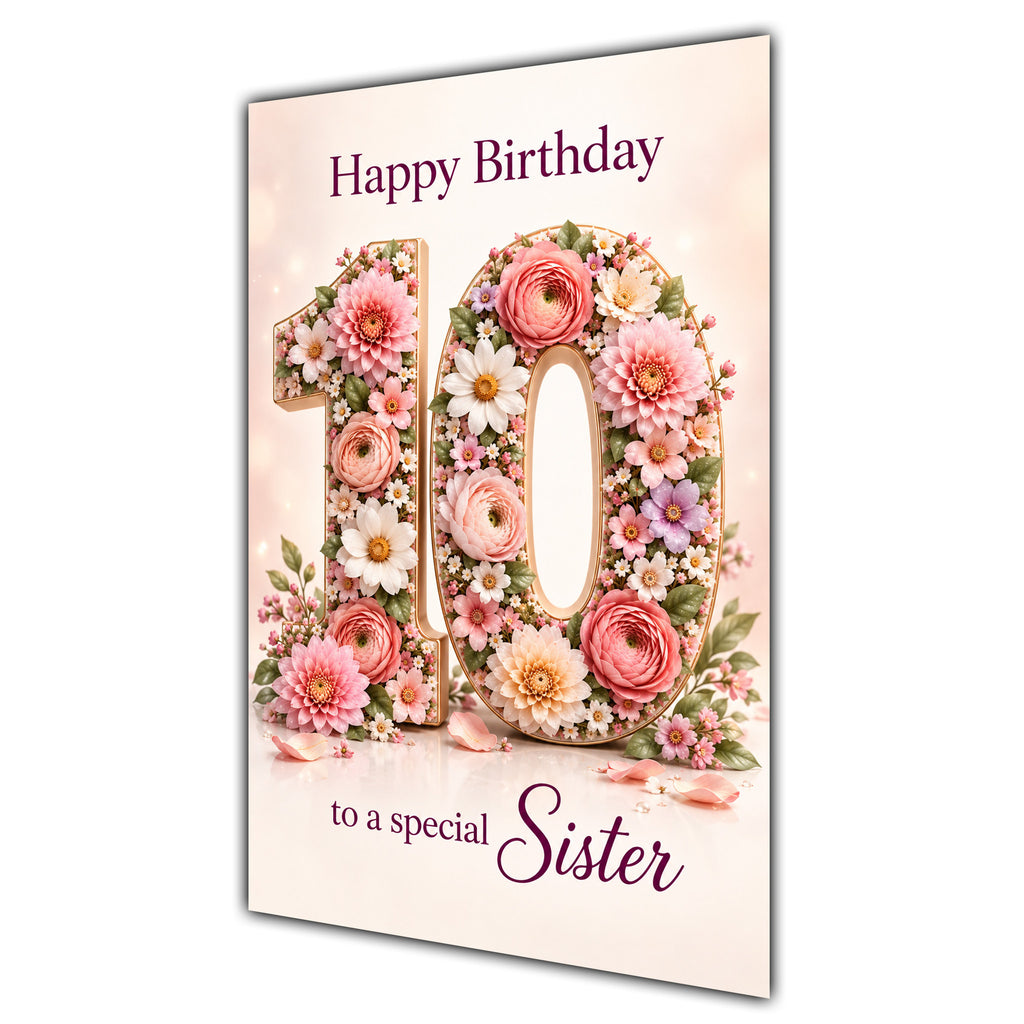 Happy 10th Birthday Sister Floral Number Card A5