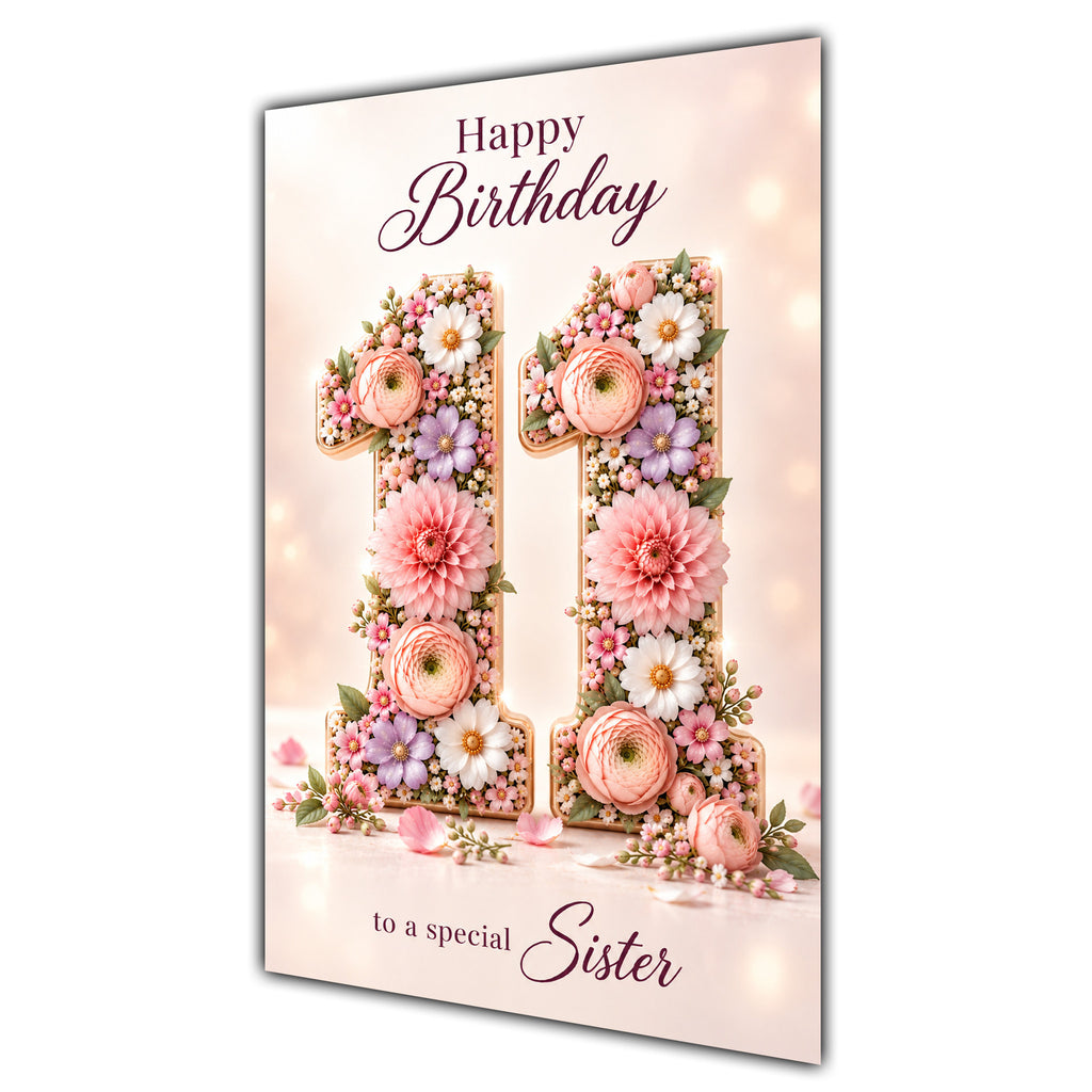 Happy 11th Birthday Sister Floral Number Card A5