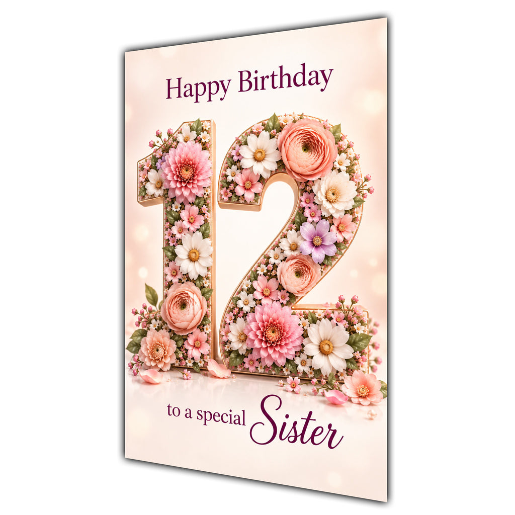 Happy 12th Birthday Sister Floral Number Card A5