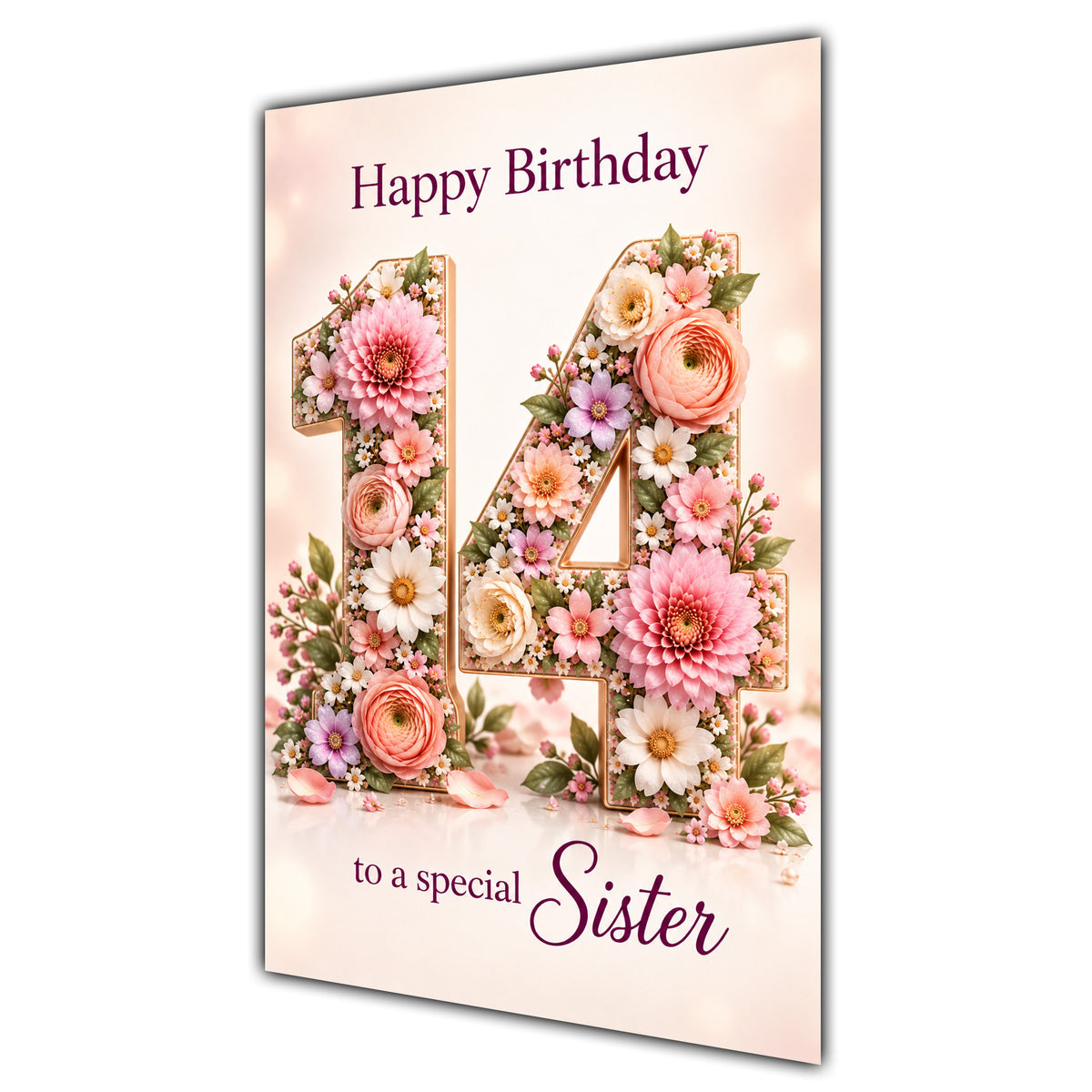 Happy 14th Birthday Sister Floral Number Card A5