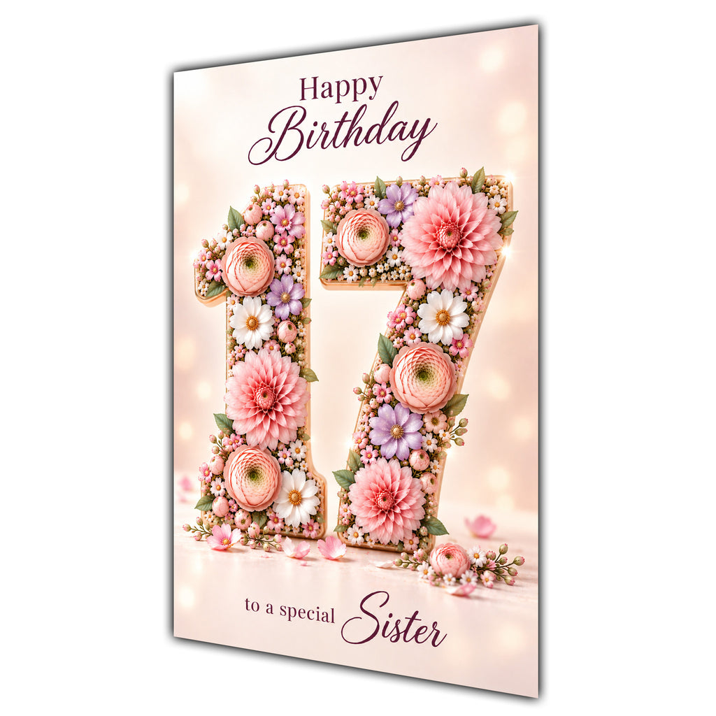Happy 17th Birthday Sister Floral Number Card A5