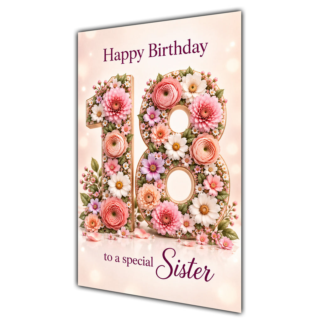 Happy 18th Birthday Sister Floral Number Card A5