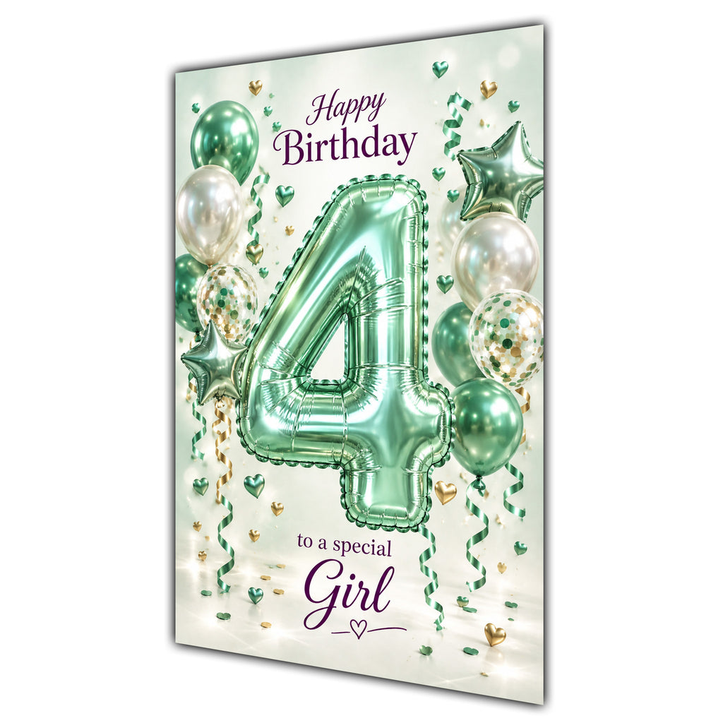 Happy 4th Birthday Special Girl Foil Number Balloons Card A5