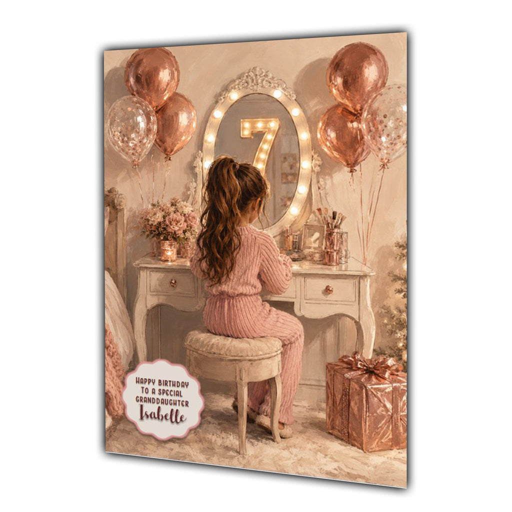 7th Birthday Card For Girls, Daughter, Granddaughter, Niece, Brown Hair, Dressing Table