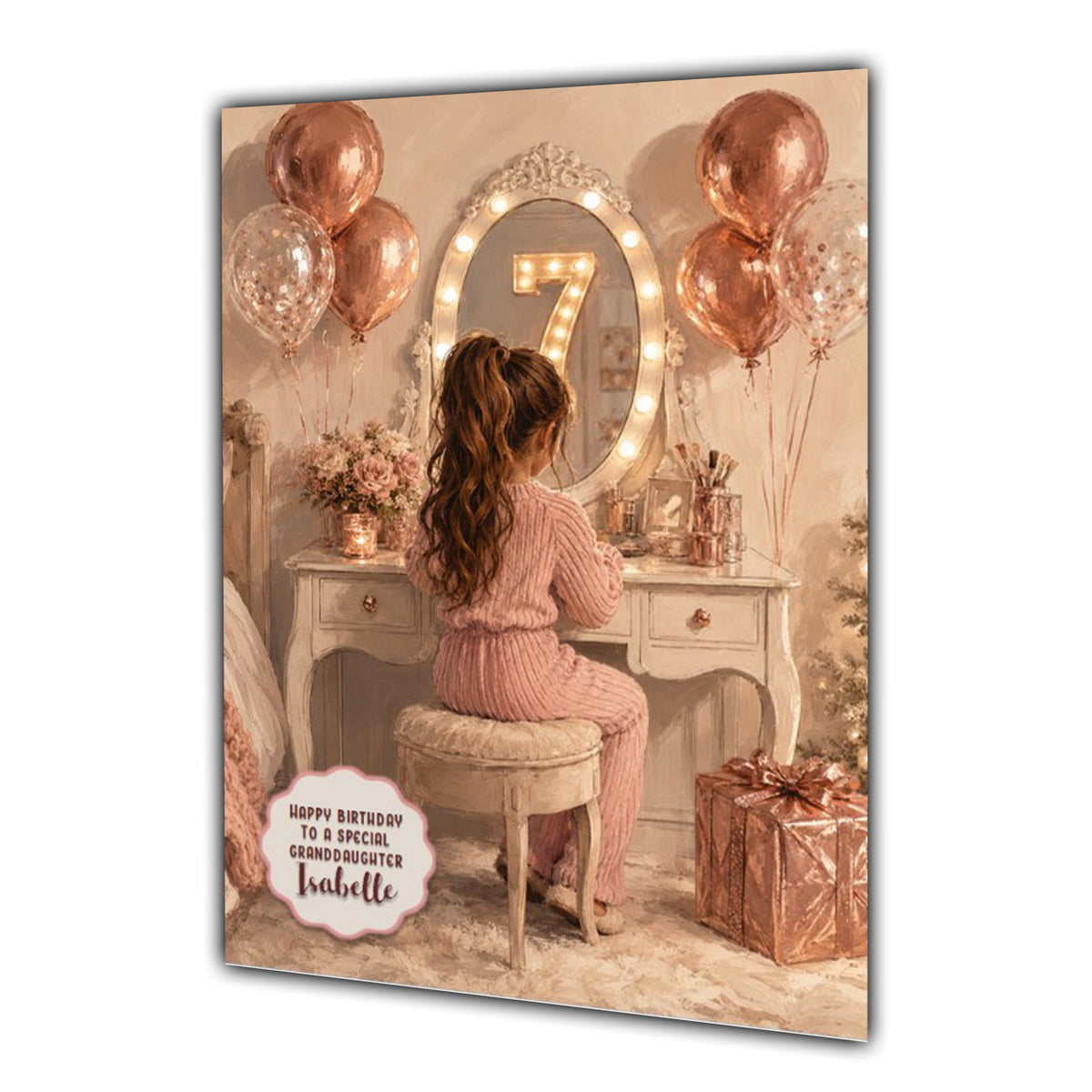 7th Birthday Card For Girls, Daughter, Granddaughter, Niece, Brown Hair, Dressing Table