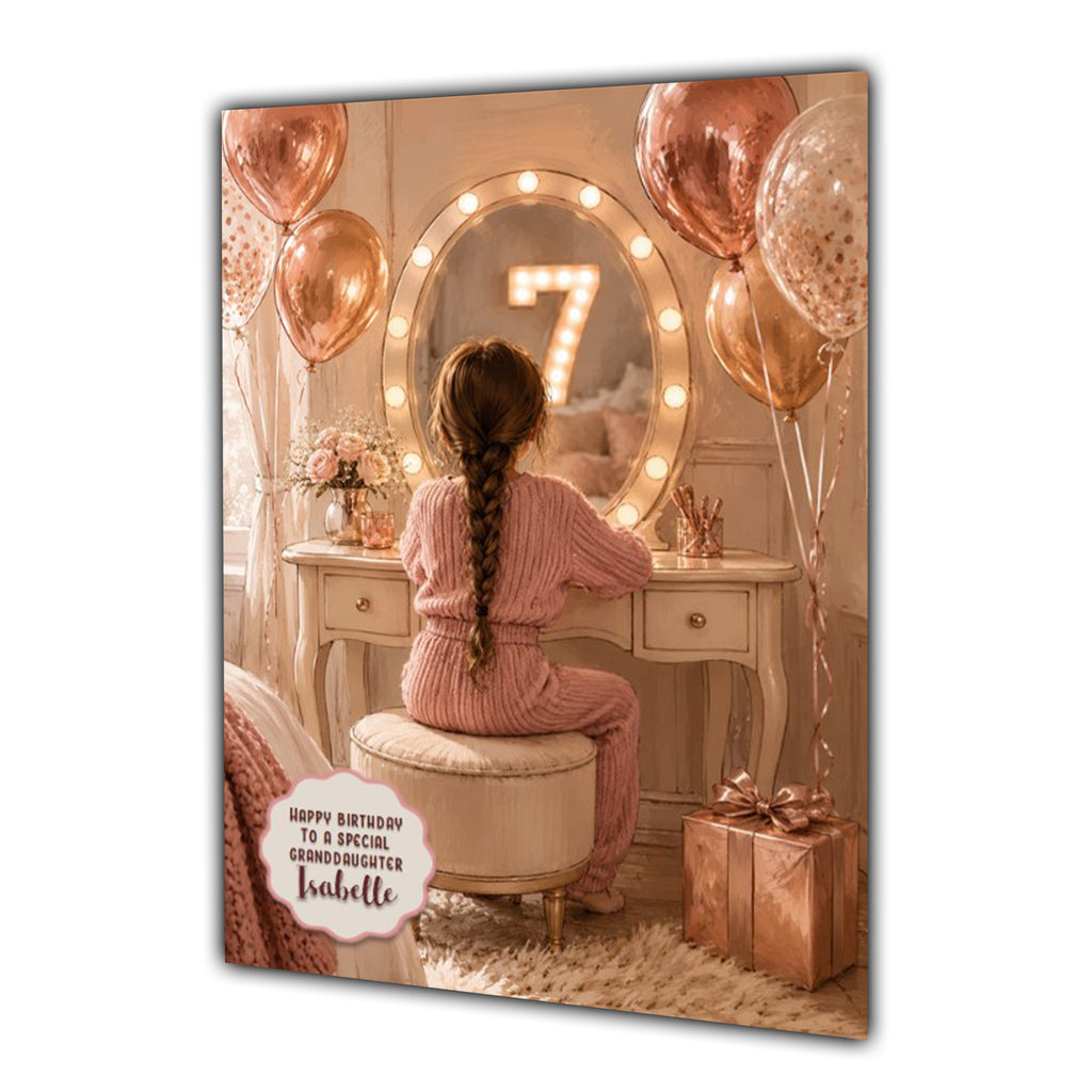 7th Birthday Card For Girls, Daughter, Granddaughter, Niece, Brown Hair, Dressing Table