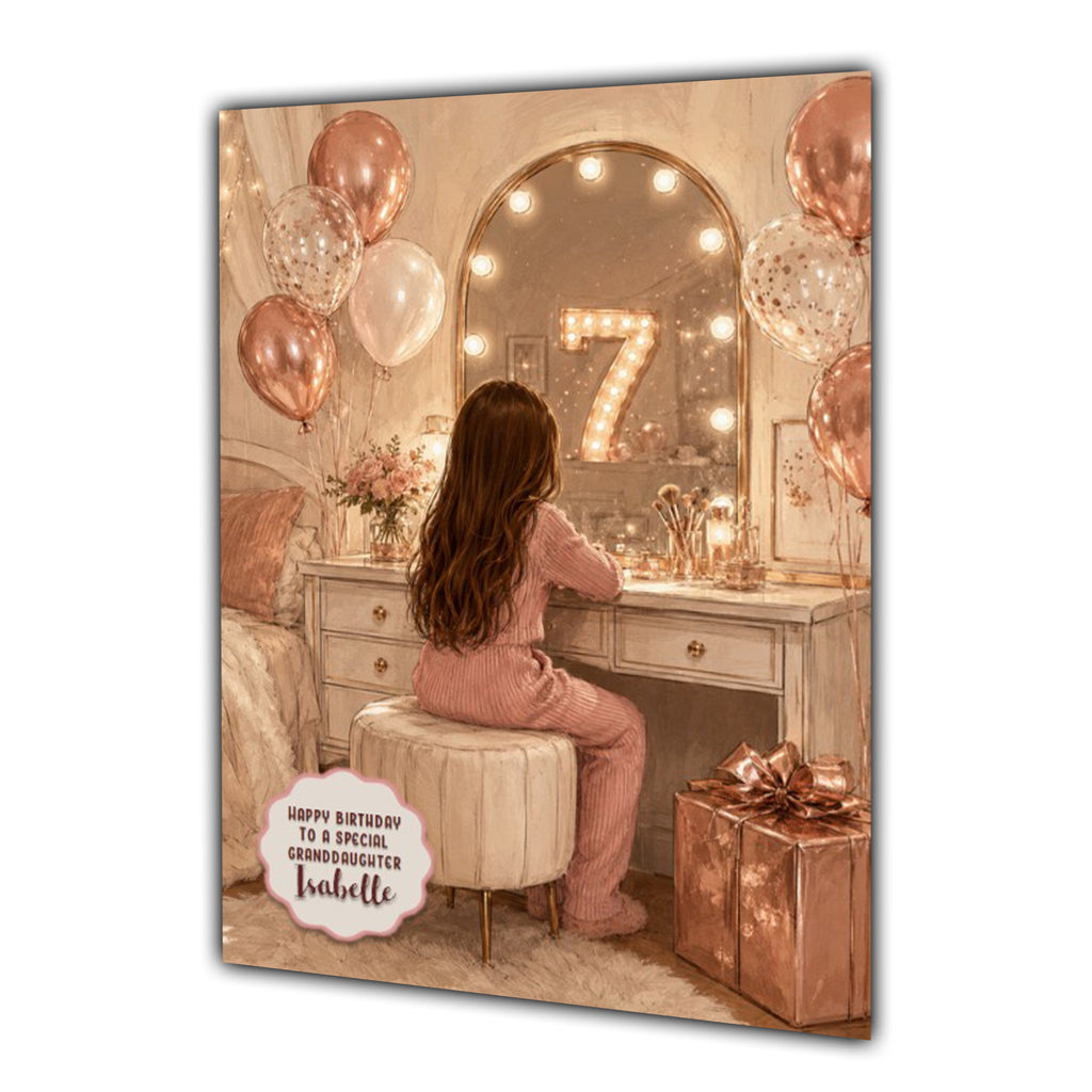 7th Birthday Card For Girls, Daughter, Granddaughter, Niece, Brown Hair, Dressing Table