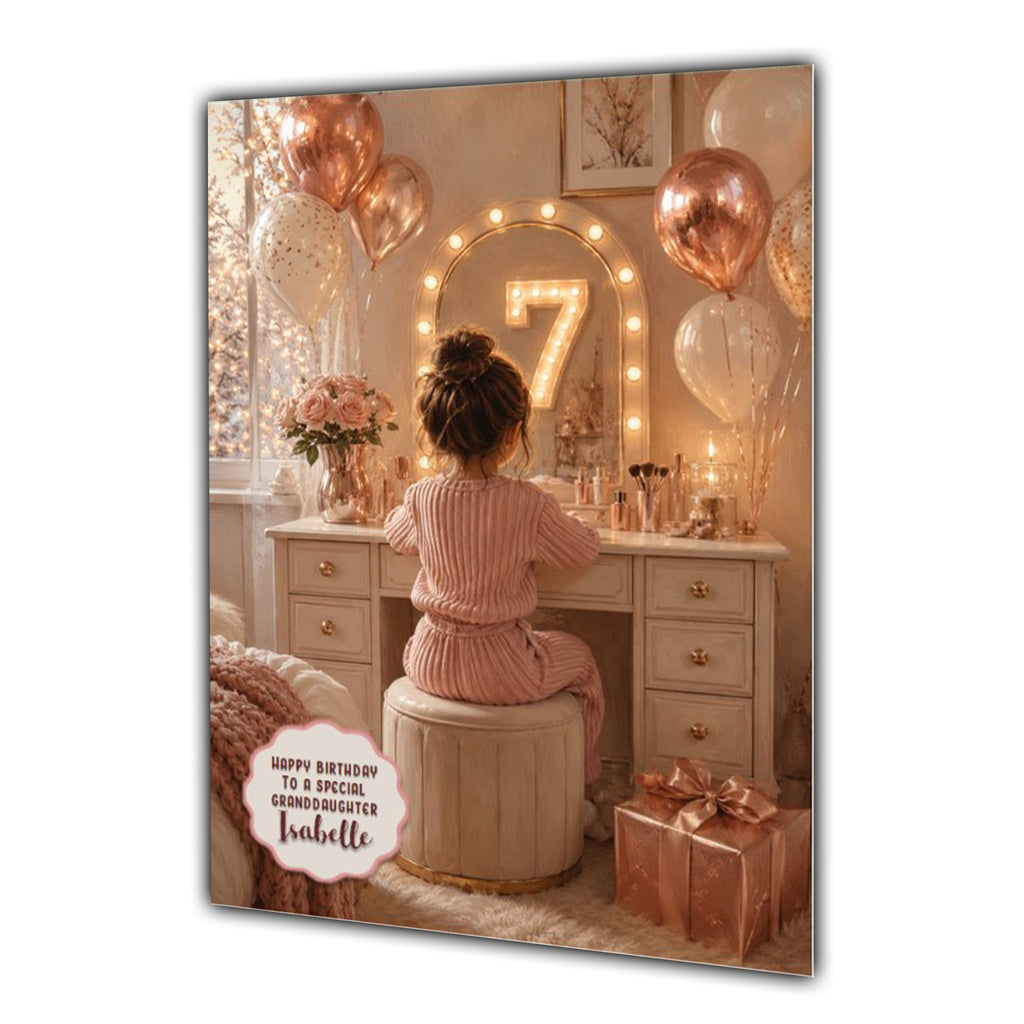 7th Birthday Card For Girls, Daughter, Granddaughter, Niece, Brown Hair, Dressing Table