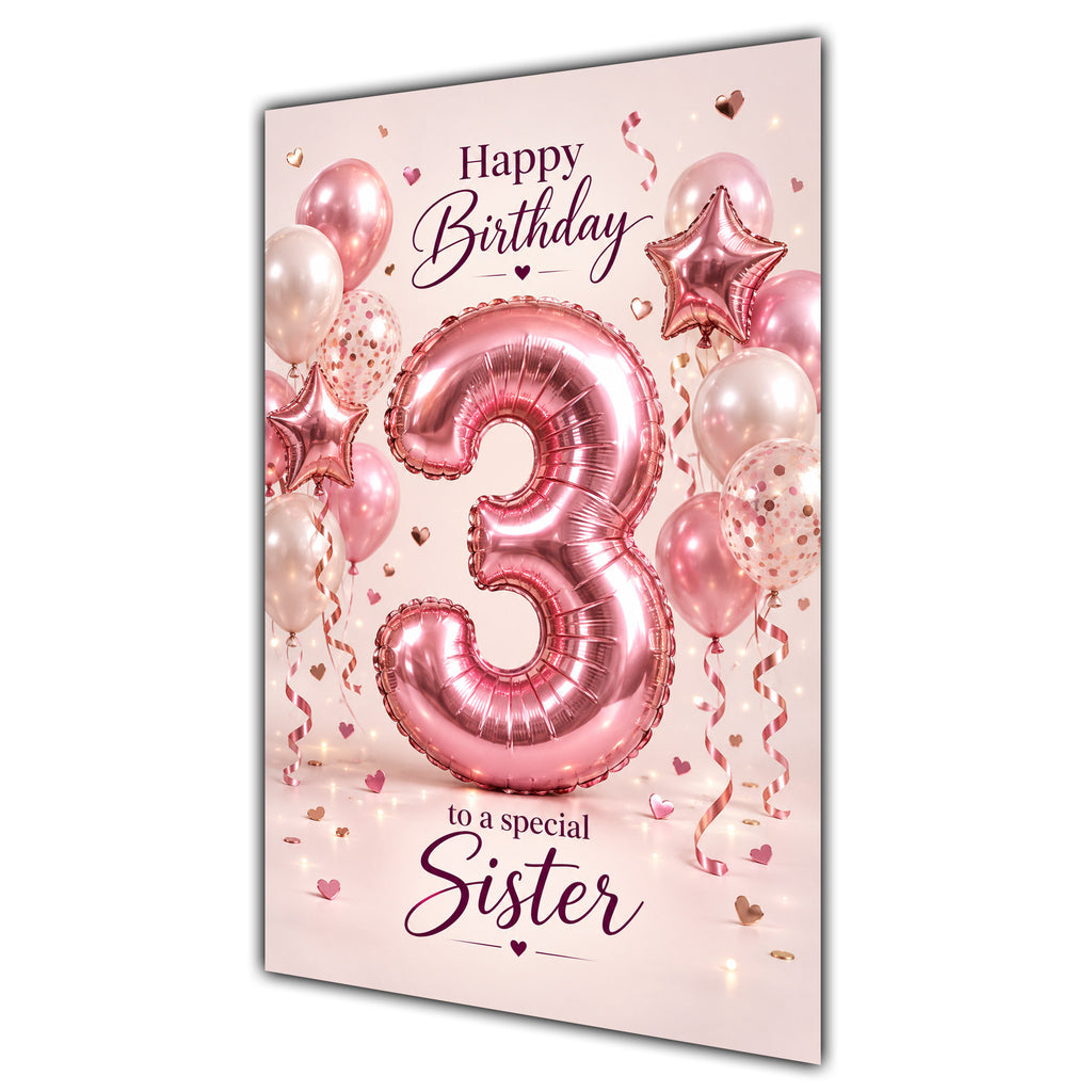 Happy 3rd Birthday Sister Foil Number Balloons Card A5