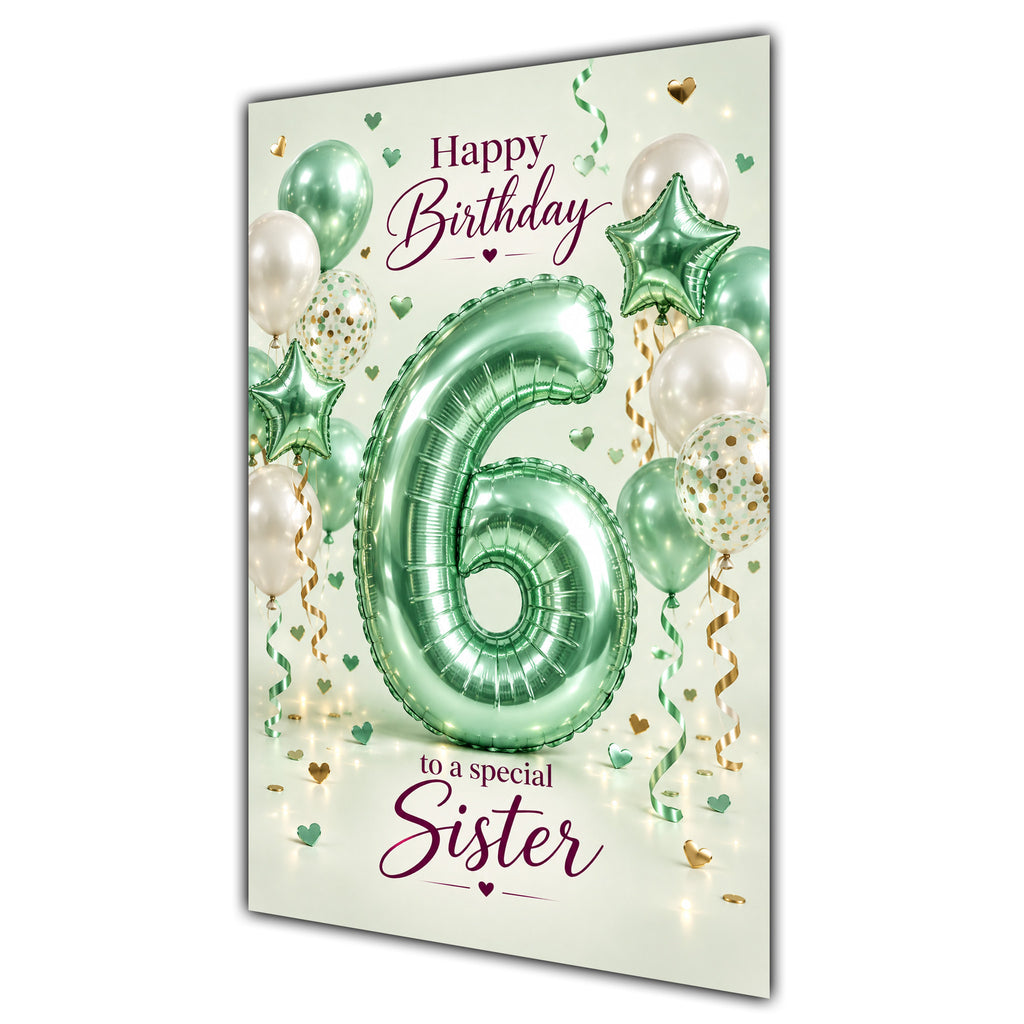 Happy 6th Birthday Sister Foil Number Balloons Card A5