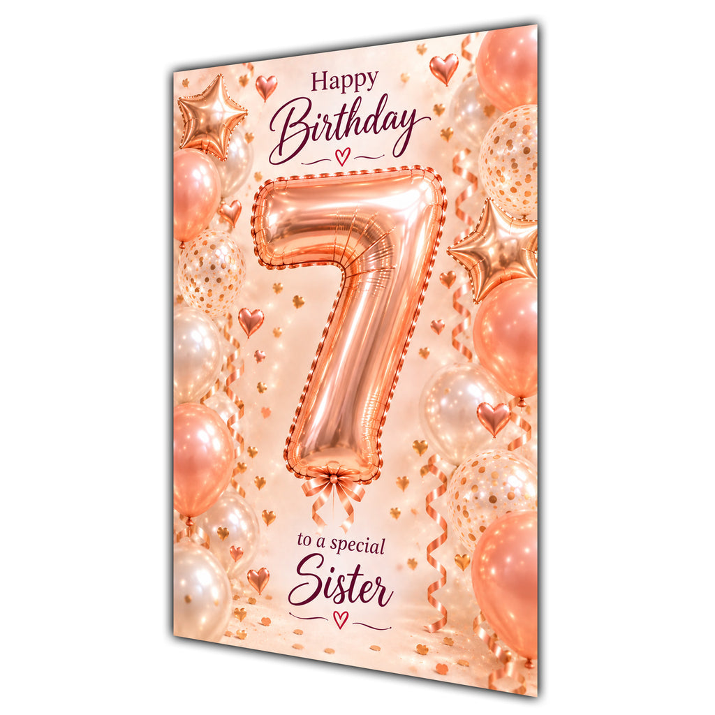 Happy 7th Birthday Sister Foil Number Balloons Card A5
