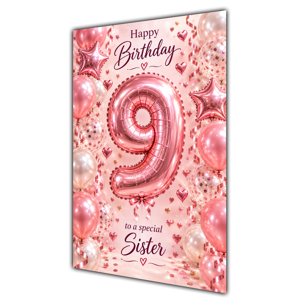 Happy 9th Birthday Sister Foil Number Balloons Card A5