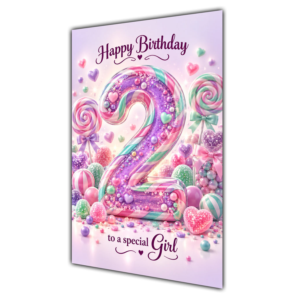Happy 2nd Birthday Special Girl Rainbow Sweets Lollipops Card A5