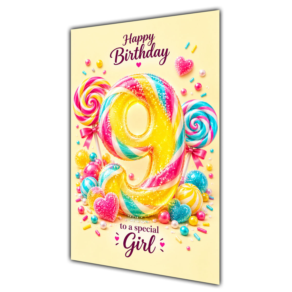 Happy 9th Birthday Special Girl Rainbow Sweets Lollipops Card A5