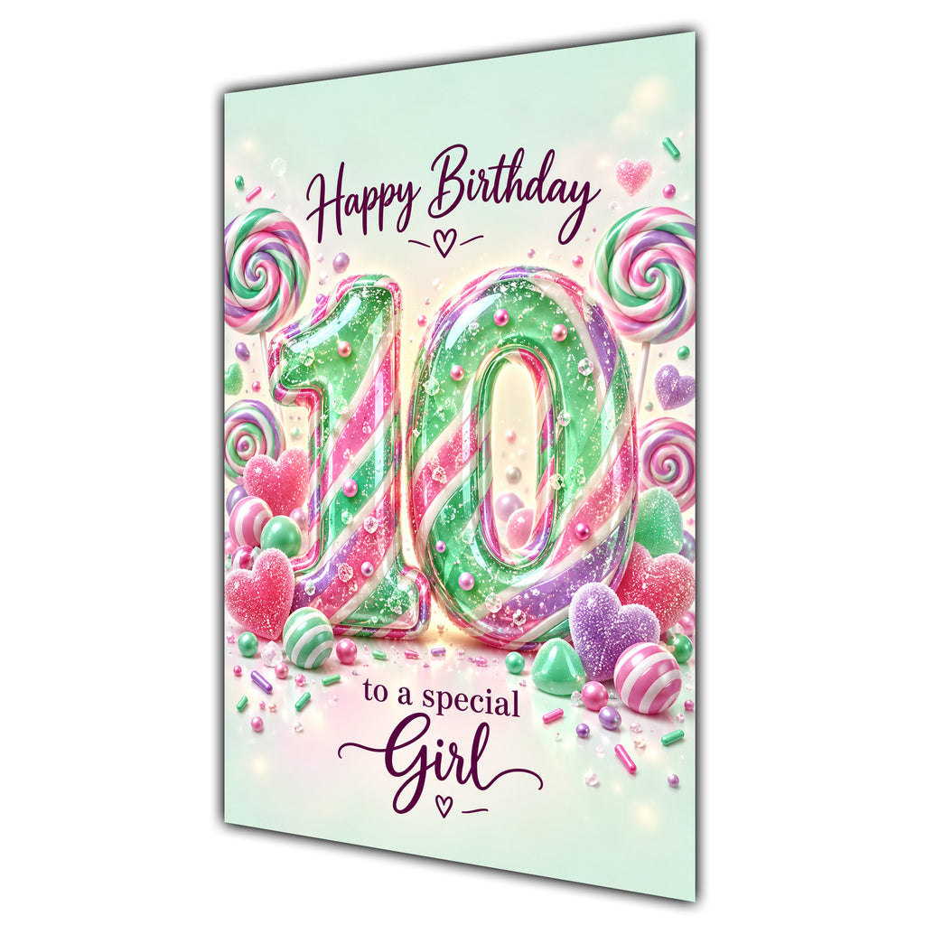 Happy 10th Birthday Special Girl Rainbow Sweets Lollipops Card A5