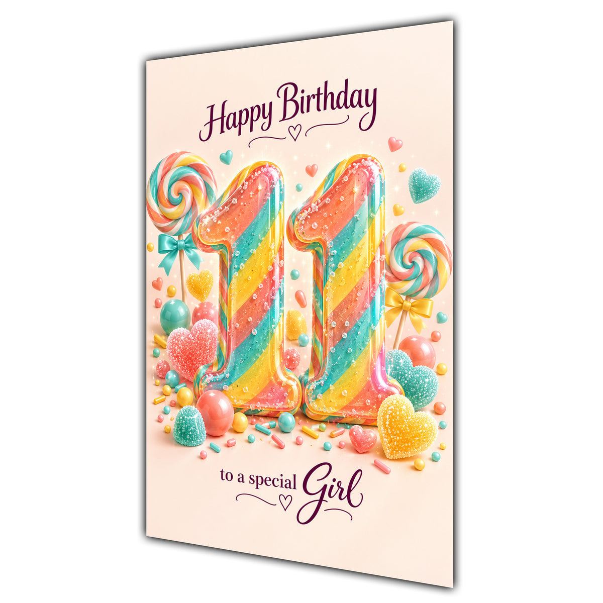 Happy 11th Birthday Special Girl Rainbow Sweets Lollipops Card A5