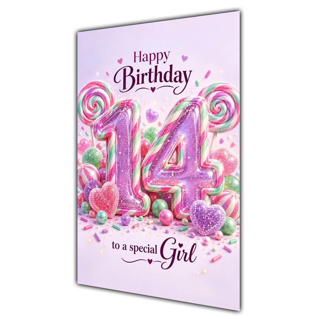 Happy 14th Birthday Special Girl Rainbow Sweets Lollipops Card A5