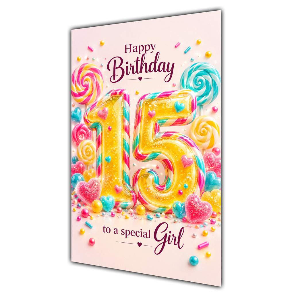Happy 15th Birthday Special Girl Rainbow Sweets Lollipops Card A5