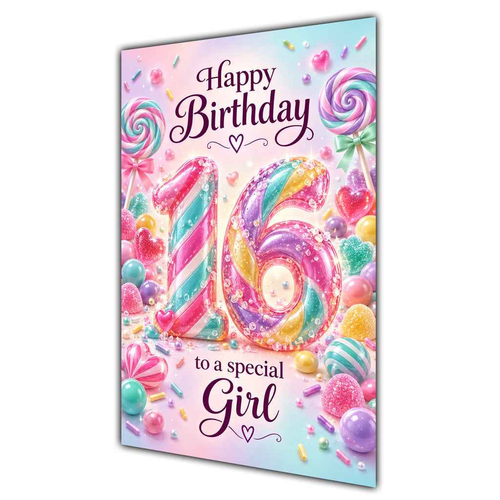 Happy 16th Birthday Special Girl Rainbow Sweets Lollipops Card A5