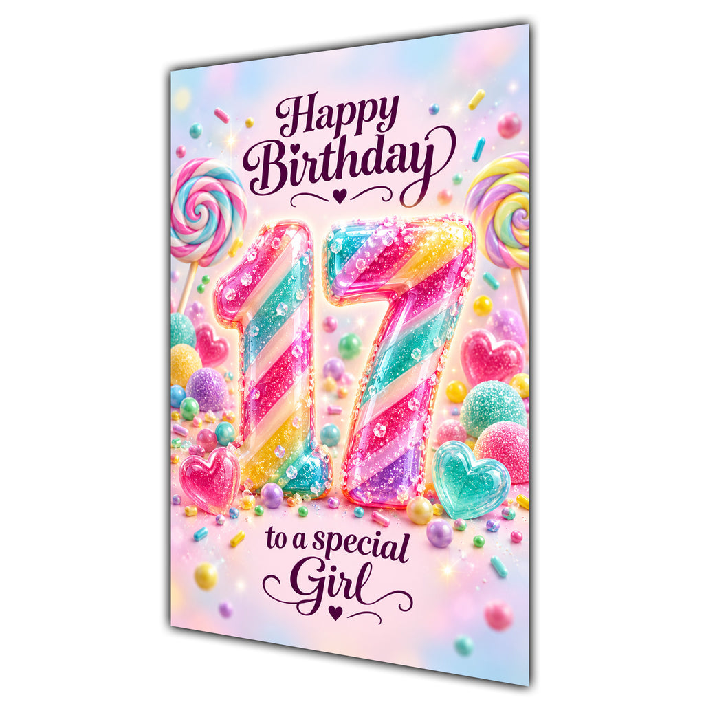 Happy 17th Birthday Special Girl Rainbow Sweets Lollipops Card A5